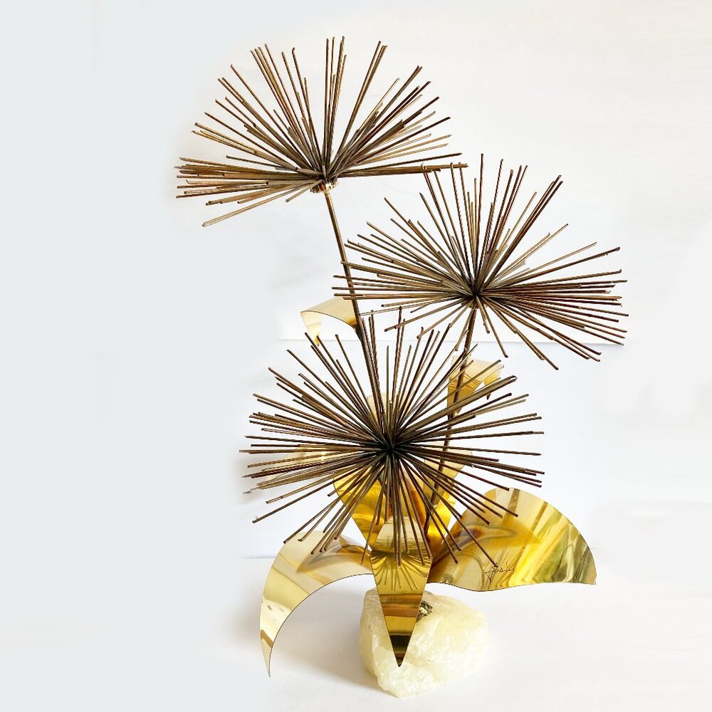 Vintage Mario Jason Brass Iron Marble Sculpture Signed Floral MCM Dandelion 3